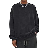 BINTEHGS Mens Oversized Vintage Sweatshirts Acid Wash Plain Crewneck Sweatshirt Streetwear Unisex Distressed Couple Pullover(Black,L)