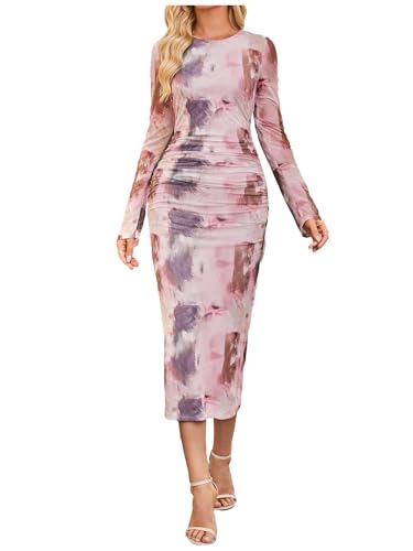 Image of GORGLITTER Women's Mesh Long Sleeve Bodycon Midi Dress Fall Cocktail Birthday Dinner Wedding Guest Going Out Dresses