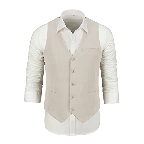 Furuyal Men Suit Casual Wedding Suits Linen Suits For Men 2 Piece Suits Groomsmen Tuxedos Summer Beach Prom Vest And Pants Set Beige-L #TOP3