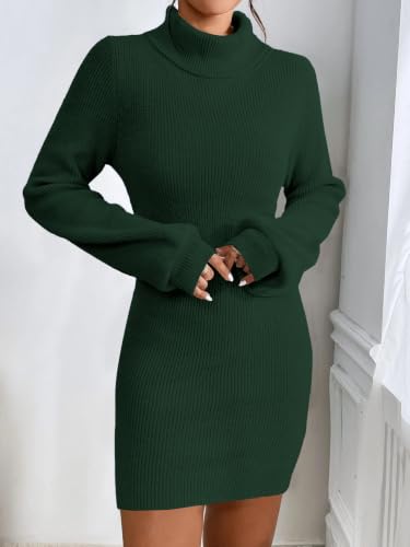 Image of Turtleneck Sweater Dress for Women Lantern Sleeve Mini Bodycon Ribbed Knit Sweater Pullover Short Dresses XS-XXL