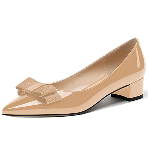 MODENCOCO Women's Bow Slip On Patent Pointed Toe Chunky Low Heel Pumps Cute Office Work Dress Shoes 1.5 Inch