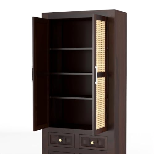 Image of PS DECOR Solid Sheesham Wood Book Shelf Cabinet with Cane Rattan Doors & 4 Drawers | Modern Wooden Bookshelf Storage Unit for Home Library, Living Room & Office (Walnut Finish)