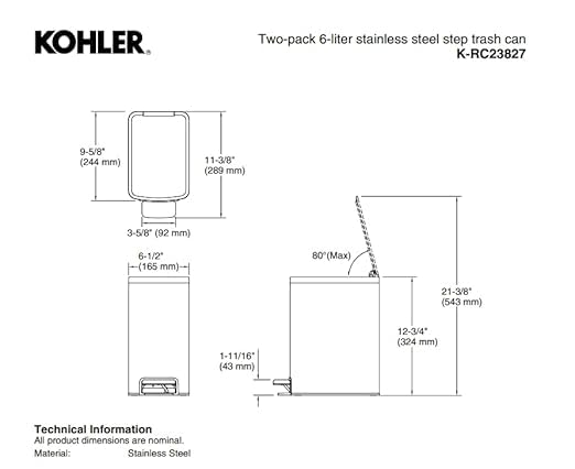 Kohler 2-Pack 6L Stainless Steel Step Trash Bin
