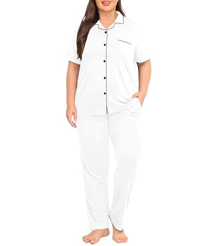 Image of SWOMOG Women's Plus Size Pajama Set Short Sleeve Sleepwear Top and Pants Button Up Pajamas for Women Loungewear