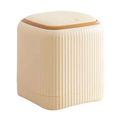 Yajuyi Bote de Basura Miniatura con Tapa Presionable para Escritorio Papelera Portátil de Plástico Ligero Cubo Pequeño Reutilizable con Botón de Empuje, Beige, Individual