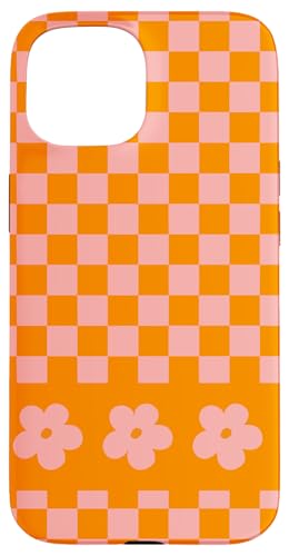 iPhone 15 Aesthetic Checker Retro Groovy Flowers in Orange and Pink Case