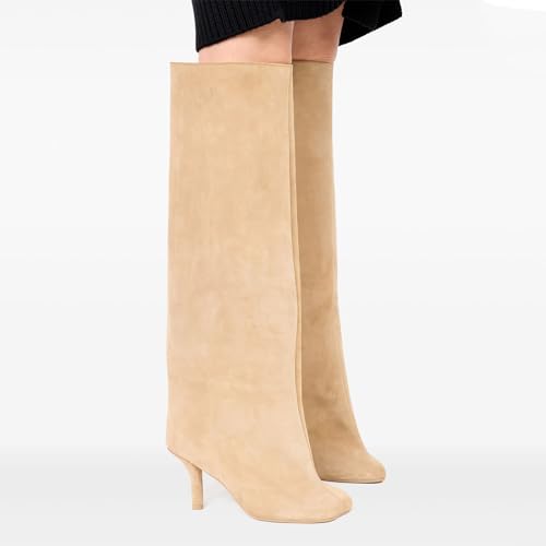 VOMIRA Women's Knee High Nude Suede Wide Calf Square Toe Stiletto Fall Winter Pull On High Heel Long Ladies Fashion Dress Tall Slouchy Boots4