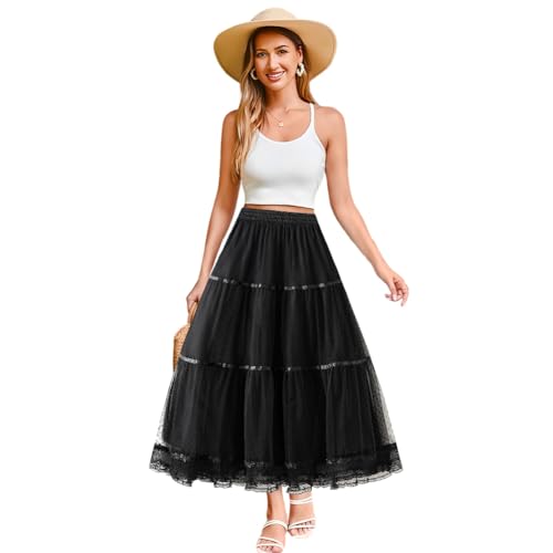 Women' s Tulle Skirts Midi Elastic High Waist Pleated A-Line Party Long Tutu Skirt Polka Dot Skirt Lace Trimmed Skirt, Blue2