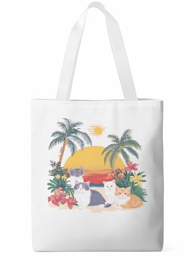 Canvas Tote Bag for Women,Cute Cat Flower LeavesBeach Coconut Tree