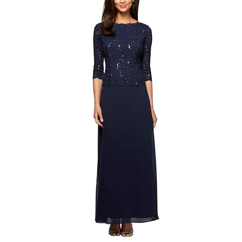 Image of Alex Evenings Women's 3 /4 Sleeve Stretch Lace Bodice Mock One Piece Gown