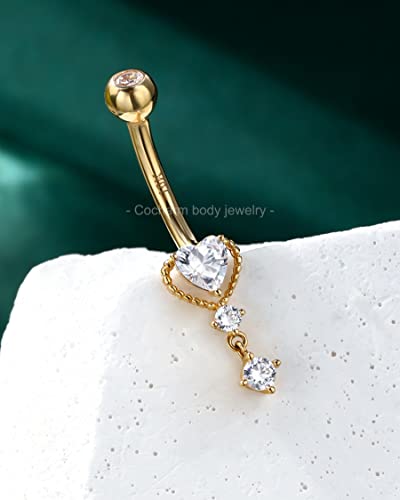 COCHARM 10k Yellow Gold Belly Button Rings Dangling 14G Heart Gold Belly Rings for Women Clear CZ Gold Belly Navel Piercing Jewelry3