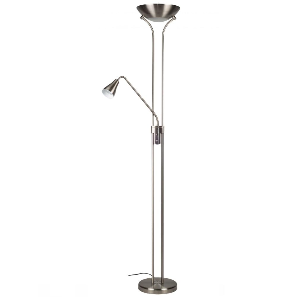 Britalia Satin Chrome Vintage Retro Mother & Child Floor Task Light | 182cm Height | 1x E27 & 1 x GU10 Lamp Required | Fully Adjustable Reading Light | Double Toggle Switch