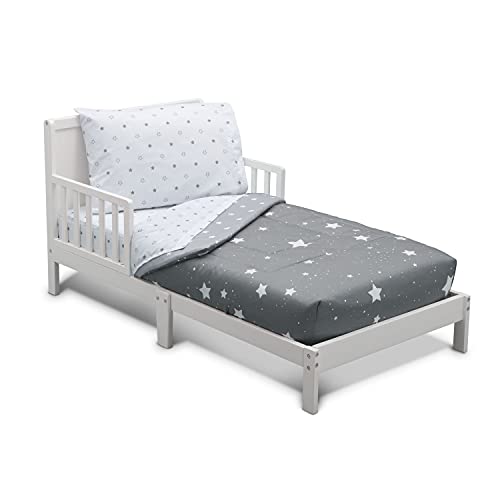 Delta 4-Piece Reversible Toddler Bedding Set – Fitted Sheet, Top Sheet, Pillowcase, 2-in-1 Comforter – For Boys, Dusty Skies & Grey Stars