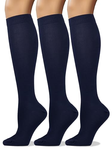 COTTON DAY Womens Soft Combed Cotton Knee High Long Calf Dress Socks Seamless Toe Shoe Size 6-9 Navy