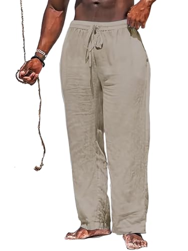 Men's Casual Cotton Linen Drawstring Pants Breathable Summer Beach Pants