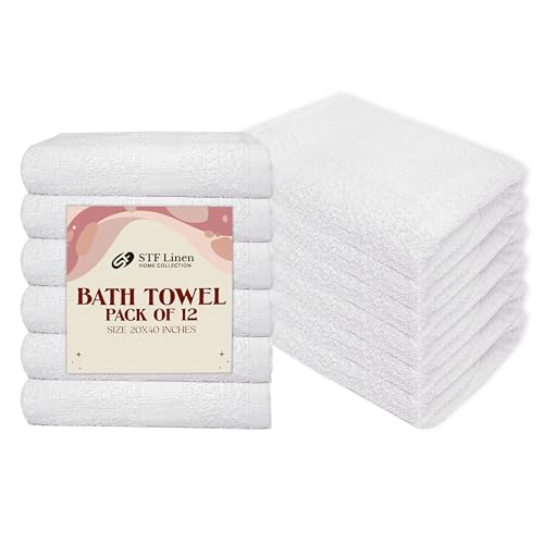 STF Linen (Pack of 12 White Bath Towels Bulk 20x40 Inches -100% Cotton Economy Cheap Bath Towels for Commercial Uses, Gym, Salon, Spa & Hair - Quick Drying -Bath Towel Sets Bulk