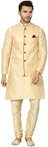 Uri and MacKenzie Men's Silk Blend Regular Kurta Churidar Pyjama with Bundi Nehru Jacket/Waistcoat