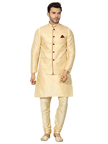 Uri and MacKenzie Men's Silk Blend Regular Kurta Churidar Pyjama with Bundi Nehru Jacket/Waistcoat
