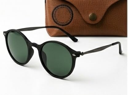 Round Sunglasses, Black Frame, Green Lens, Classic Retro Style, with Leather Case and Cleaning Cloth-picture-26