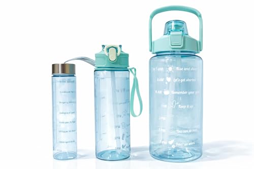 Image of Motivational Water Bottle Set with Time Marker & Straw | BPA Free Leakproof Gym Sipper Combo | Total 2000ML Capacity | Sports & Office Use | Green