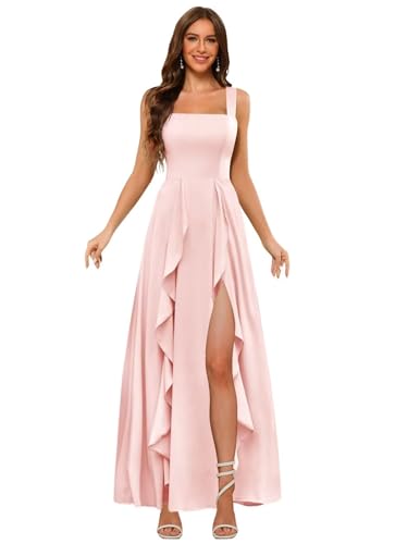 Clothfun Ruffle Chiffon Bridesmaid Dresses Long with Pockets 2025 Square Neck Evening Gown with Slit for Women CY0292