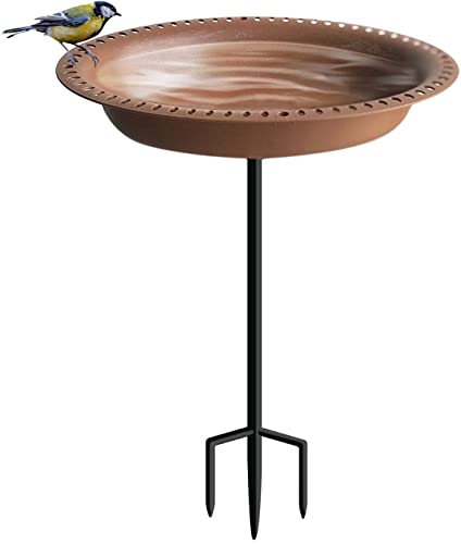 Koutemie 1-Â¼ Gallon Free Standing Garden Bird Bath Bird Feeder Bowl with Metal Stake for Outdoor, Bird Friendly Color - Deep Brown, 29 Inch