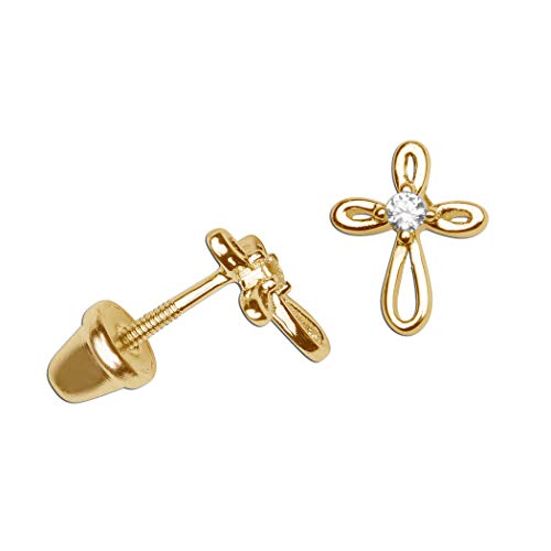 Girl s 14K Gold-Plated Infinity Cross Earring with CZ and Screw Back