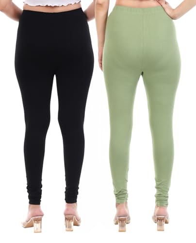 Image of TPF Women Solid Cotton Lycra 4 Way Stretchable Leggings | Combo Pack of 2 Comfortable Churidar-Length Slim Fit Leggings for Women & Girls