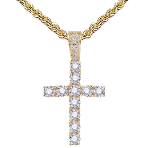 KONFEN Collar Colgante Hombre Mujer, Cadena Crucifijo Collares Acero Inoxidable 55cm con Circonio, Cadenas Cruz Necklace Men Cruces Cordon Pingente Regalo de Cumpleaños para Homem Chico Chapa, Oro