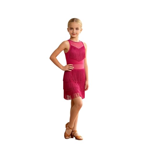 winying Charleston Kostüm Mädchen Standard Tanzrock Mädchen Latein Kleid Fransen Latein Tanzkostüm Pailletten Tanzkleid Glitzer Tanzkleid Dunkelrosa 122-128