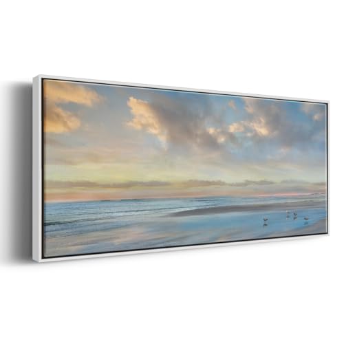 Renditions Gallery Floater Framed Wall Art Peaceful Ocean with Cloudy Sky Canvas Painting and Prints for Office Lobby - 20"x50" White Frame LT618 by Renditions Gallery - Used condition - Image 2