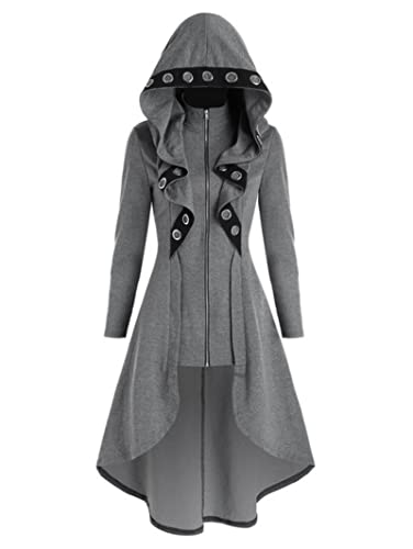 MENGQING Abrigo largo irregular con capucha punk con ojales de