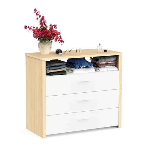 Demeyere Commode Blanche et Décor Bois – 3 Grands Tiroirs de Rangement – Commode de Chambre D’Adulte 82x93x44cm – Fabriquée en France