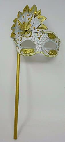 Mask LADIES WHITE & GOLD JEWELLED VENETIAN MASQUERADE CARNIVAL PARTY EYE BALL MASK HAND HELD ON A WOODEN STICK, 17cm Deep exc Stick - Image 3