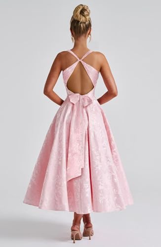 V Neck Prom Dresses 2025 Floral Satin Jacquard A-Line Tea Length Midi Formal Evening Party Gown with Bow for Women2