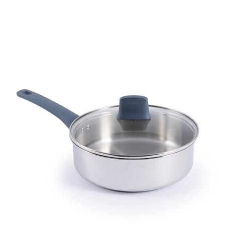 Image of T-fal Essentials Stainless Steel Saute Pan with Lid 3.5 Quart, Induction Compatible, Oven Safe 350F, Perfect For Sauteing, Browning, & Simmering, Saucepan, Measuring Marks, Dishwasher Safe Silver /Blue