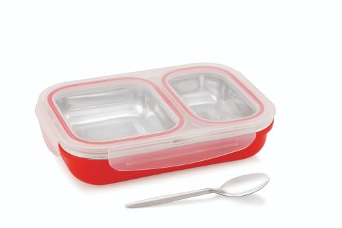 Image of Bento Lunch Box 550ml, Stainless Steel Lunch Box with 2 Compartments & Spoon, Microwave Safe BPA Free Tiffin Box, Leak Resistant Lunch Box for Kids & Adults, Office, School & Travel Red