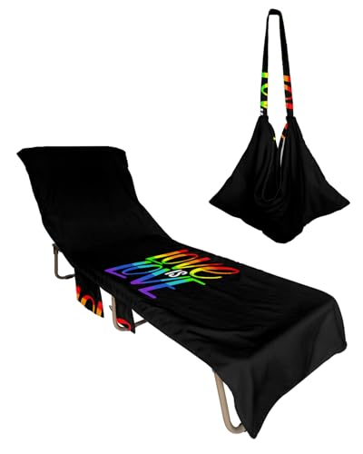 Rainbow Love Valentine's Day Beach Lounge Chair Towel Cover, Soft Chaise Lounge Towel with Side Pockets Patio Pool Chairs Cover for Beach/Pool Sunbathing 29x85 Black Coloful Love Words