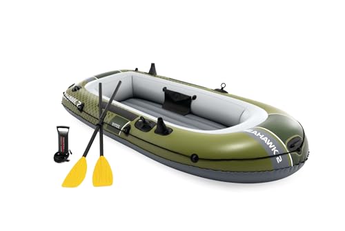 INTEX 66332EP Seahawk 2 Inflatable Boat Set: Includes Deluxe 48in Aluminum Oars and High-Output Pump – SuperStrong PVC – Fishing Rod Holders – 2-Person – 520lb Weight Capacity