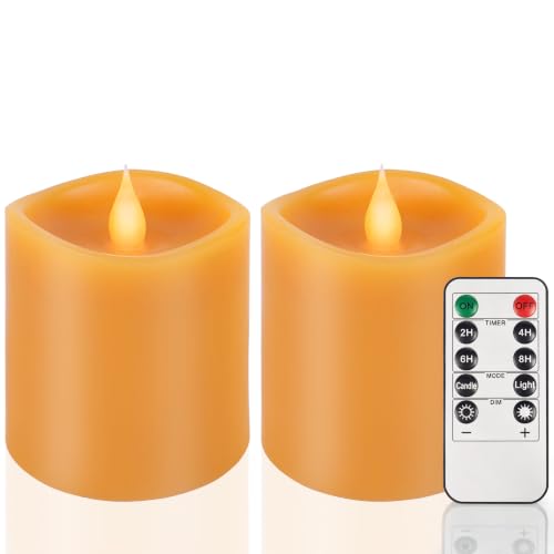 Image of Fall Flameless LED Candles 3 inch Diameter Real Wax 2AA Battery Operated 600hr+ Flickering Candles with Timer Remote Control for Halloween Thanksgiving Christmas Indoor (Orange, 3″x3″- 2 PCS)