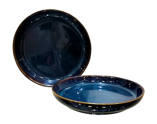 Image of Lemon Tree Snack Serving Plate, Round Ceramic Deep Salad, Pasta Plate, Set of 2 Dinner Plates for Kitchen, Microwave, Dishwasher & Oven Safe (6 Inch, Snack Plate, Blue)