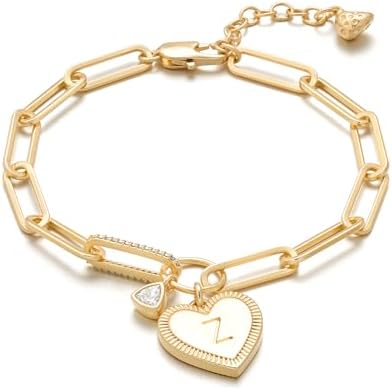 MYEARS Gold Initial Bracelets for Women 14K Gold Plated Heart Letter Charm Bracelets with Cubic Zirconia Adjustable Paperclip Chain, Personalized Jewelry Gift for Her