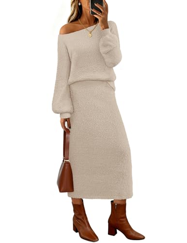 MEROKEETY Women's 2025 Fall Fuzzy 2 Piece Outfit Winter Long Sleeve Off Shoulder Neck Pullover Top Midi Skirt Matching Lounge Sets, Lightkhaki, Medium