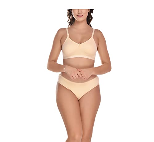 Image of Elina Women's Full Coverage Non Padded with Detachable Strap Cotton Hosiery Bra and Panty Set (Lovia Set)