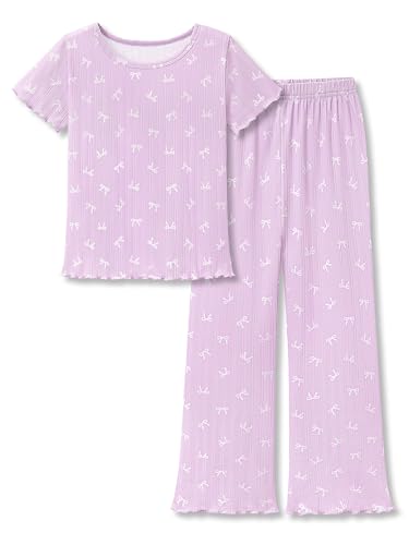 Beezizac Girls Pointelle Knit Lettuce Trim Pajama - Purple Bow T-shirt & Flared Wide-Leg Pants 2-pc PJ Set Kid Size 10