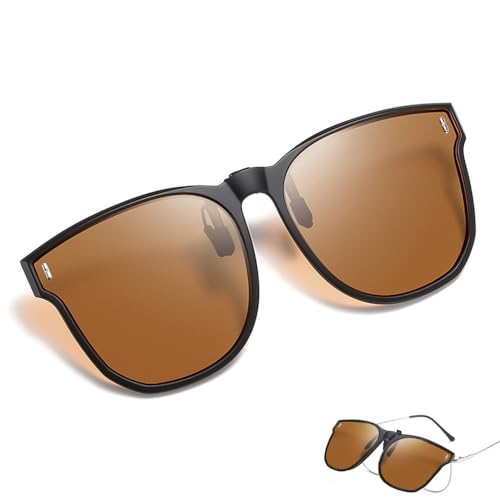 Wnddle Clip Gafas de Sol polarizadas Lentes, de Gafas de Sol de Clip en Flip Up Lente Polarizadas Hombres Mujeres, UV400, para Fiestas, Conducir, ir de Compras, Montar en Bicicleta, Viajar (Marrón)