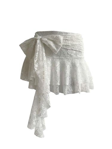 MakeMeChic Women's Lace Mini Skirt Floral Bow Flowy Y2k Low Rise Ruffle Boho Skirt