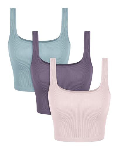 Image of ODODOS 3-Pack Seamless Square Neck Crop Tank for Women Ribbed Knit Soft Low Back Cropped Tops