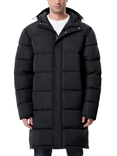 UIQUR Mens Long Winter Coats Lightweight Puffer Jacket Warm Insulated Waterproof Winter Jacket With Hooded Black L