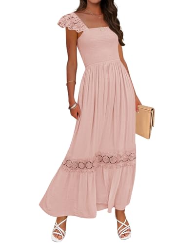 ZESICA Women's 2025 Summer Lace Strap Sleeveless Square Neck Smocked High Waist Ruffle Hollow Out Flowy A Line Maxi Dress